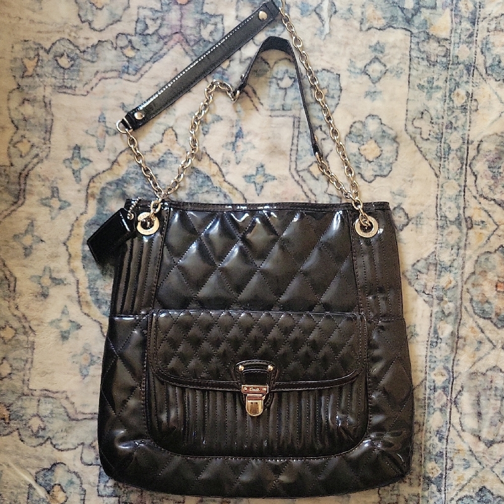 Faux Coach Poppy Liquid Black Quilted Women's Bag